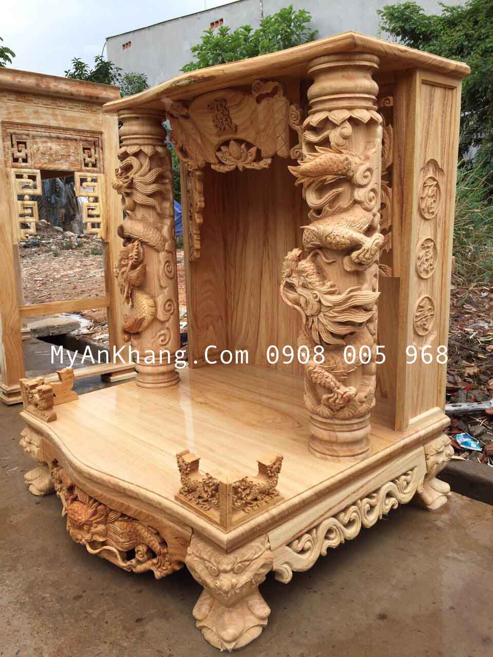 Ảnh mộc bàn thờ thần tài gỗ gõ đỏ đẹp kích thước 89