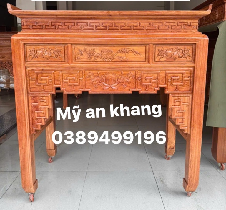 Bàn thờ gia tiên 1 tầng gỗ hương chạm sen tứ quý TPHCM