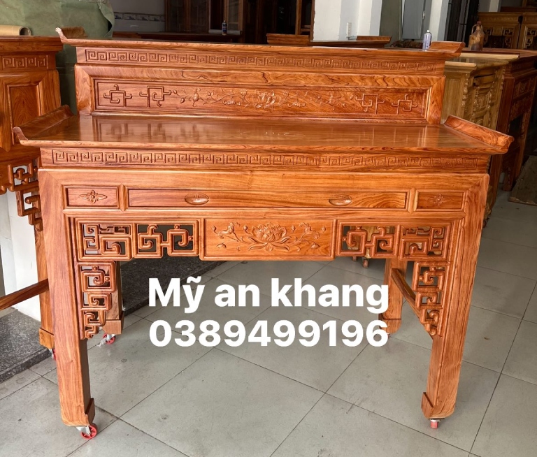 Bàn thờ tam cấp gỗ hương 2 tầng chạm triện hoa sen giá rẻ tại tphcm
