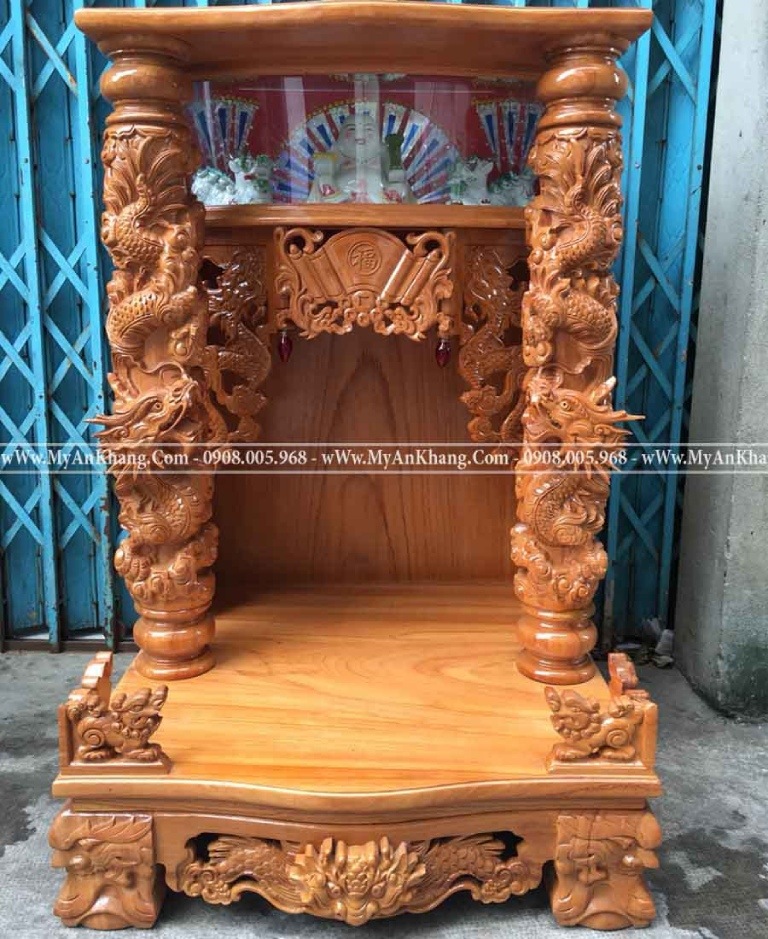 Mẫu bàn thờ Ông Địa ngang 60cm hộp đèn rồng mây gỗ gõ dày