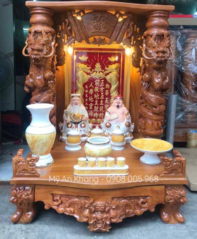 Combo Bàn thờ Ông Địa Thần Tài gỗ gõ đỏ cột rồng