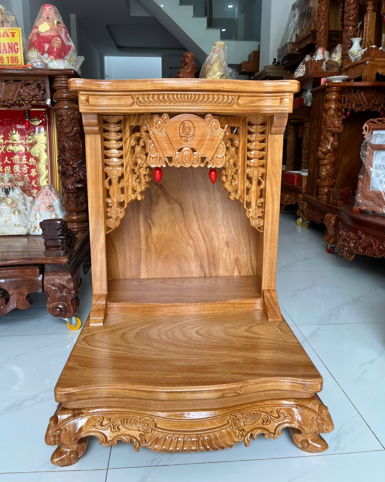 Bàn thờ Thần Tài hiện đại gỗ gõ đỏ chân rồng, chạm chữ "Lộc"