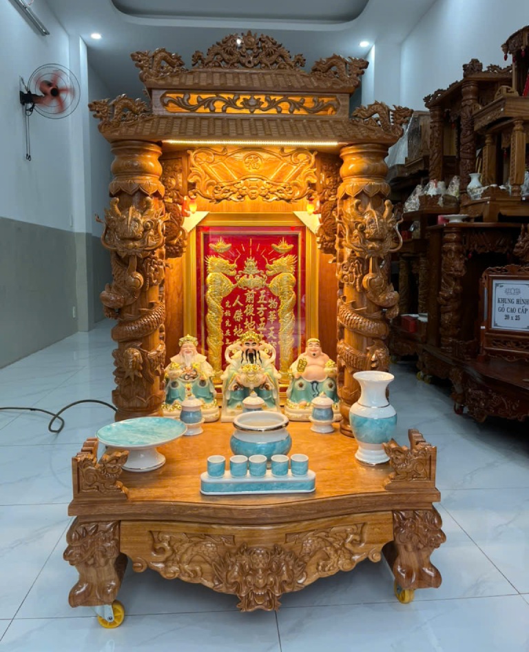 Trọn Bộ Bàn Thờ Ông Địa Gỗ Gõ Đỏ Mái Chùa